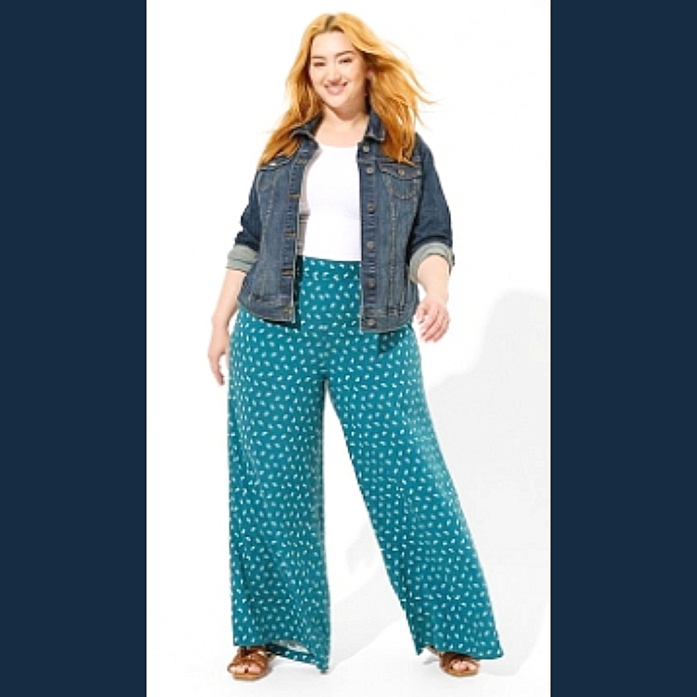 Plus Wide-Leg Printed Palazzo Pants - Teal